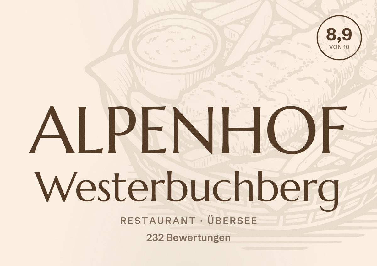 Illustriertes Poster von ALPENHOF Westerbuchberg, Restaurant in Übersee: Bewertung 8,9 von 10 aus 232 Bewertungen