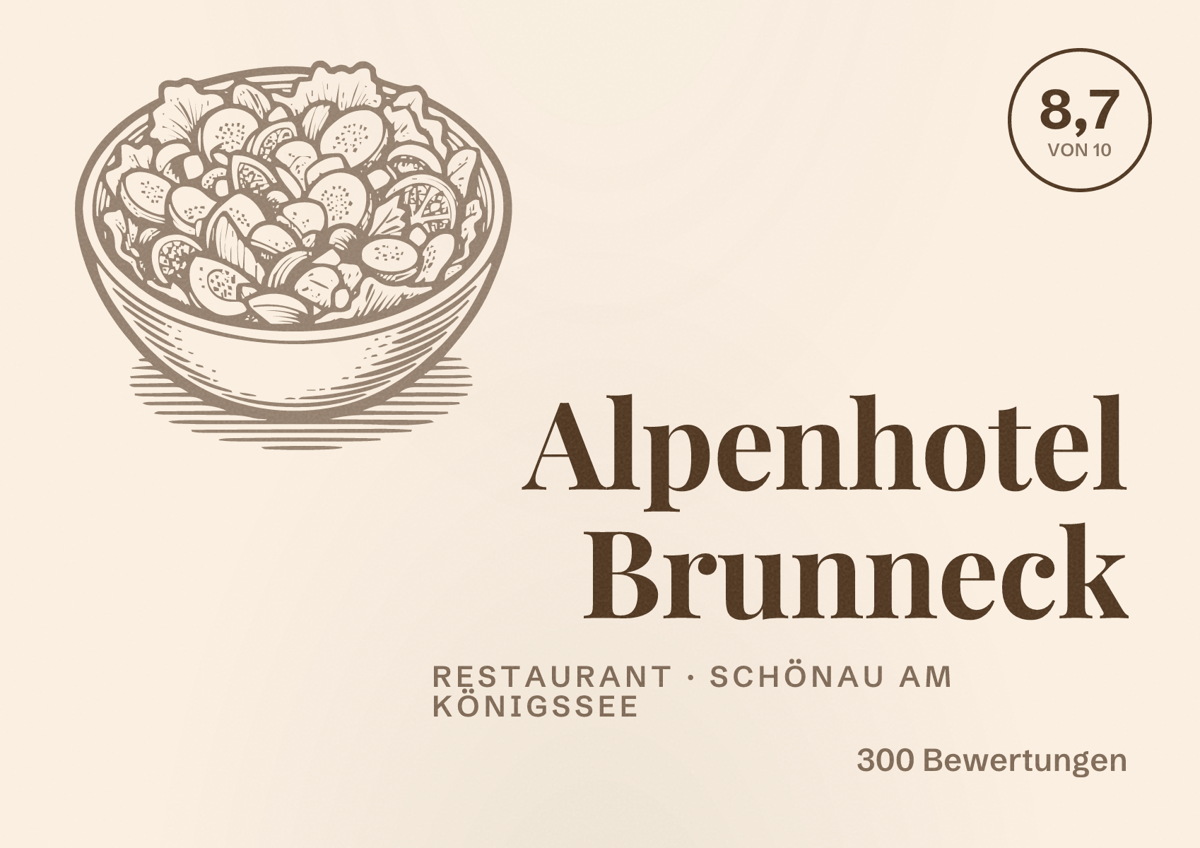 Illustriertes Poster von Alpenhotel Brunneck, Restaurant in Schönau am Königssee: Bewertung 8,7 von 10 aus 300 Bewertungen