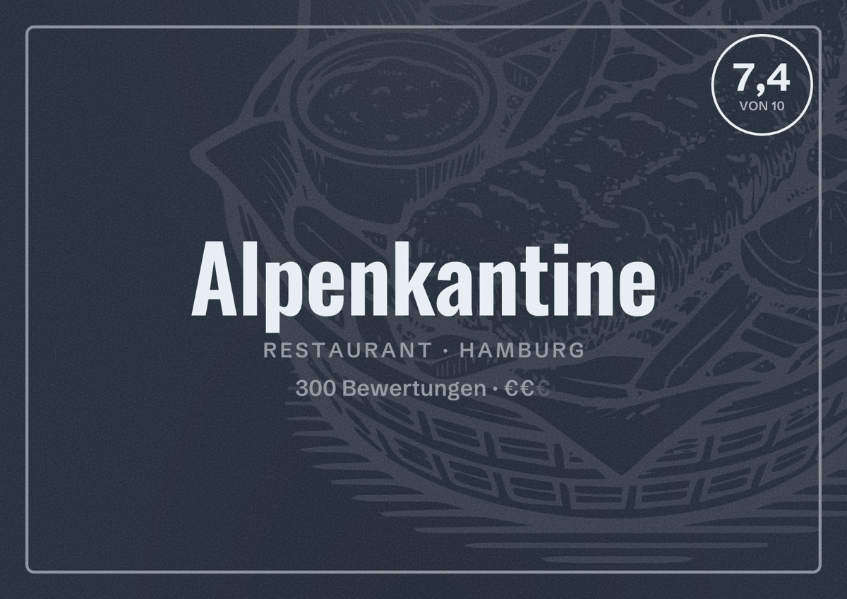 Illustriertes Poster von Alpenkantine, Restaurant in Hamburg: Bewertung 7,4 von 10 aus 300 Bewertungen, Preisniveau €€