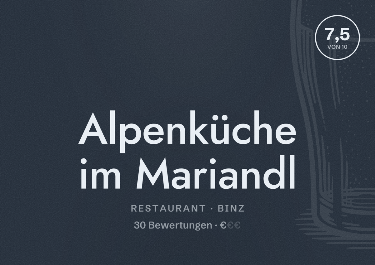 Illustriertes Poster von Alpenküche im Mariandl, Restaurant in Binz: Bewertung 7,5 von 10 aus 30 Bewertungen, Preisniveau €
