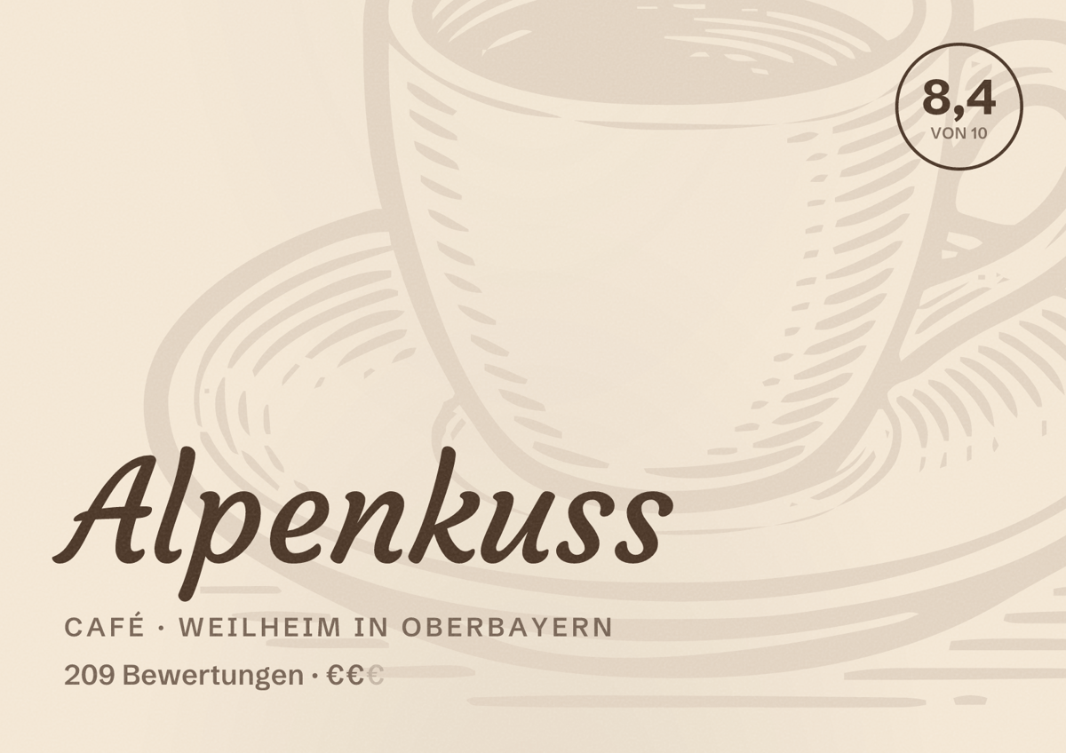 Illustriertes Poster von Alpenkuss, Café in Weilheim in Oberbayern: Bewertung 8,4 von 10 aus 209 Bewertungen, Preisniveau €€