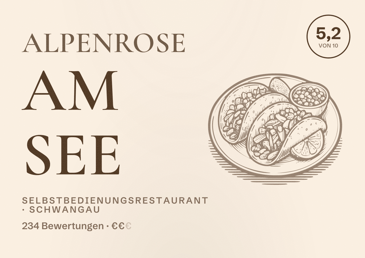 Illustriertes Poster von Alpenrose am See, Selbstbedienungsrestaurant in Schwangau: Bewertung 5,2 von 10 aus 234 Bewertungen, Preisniveau €€