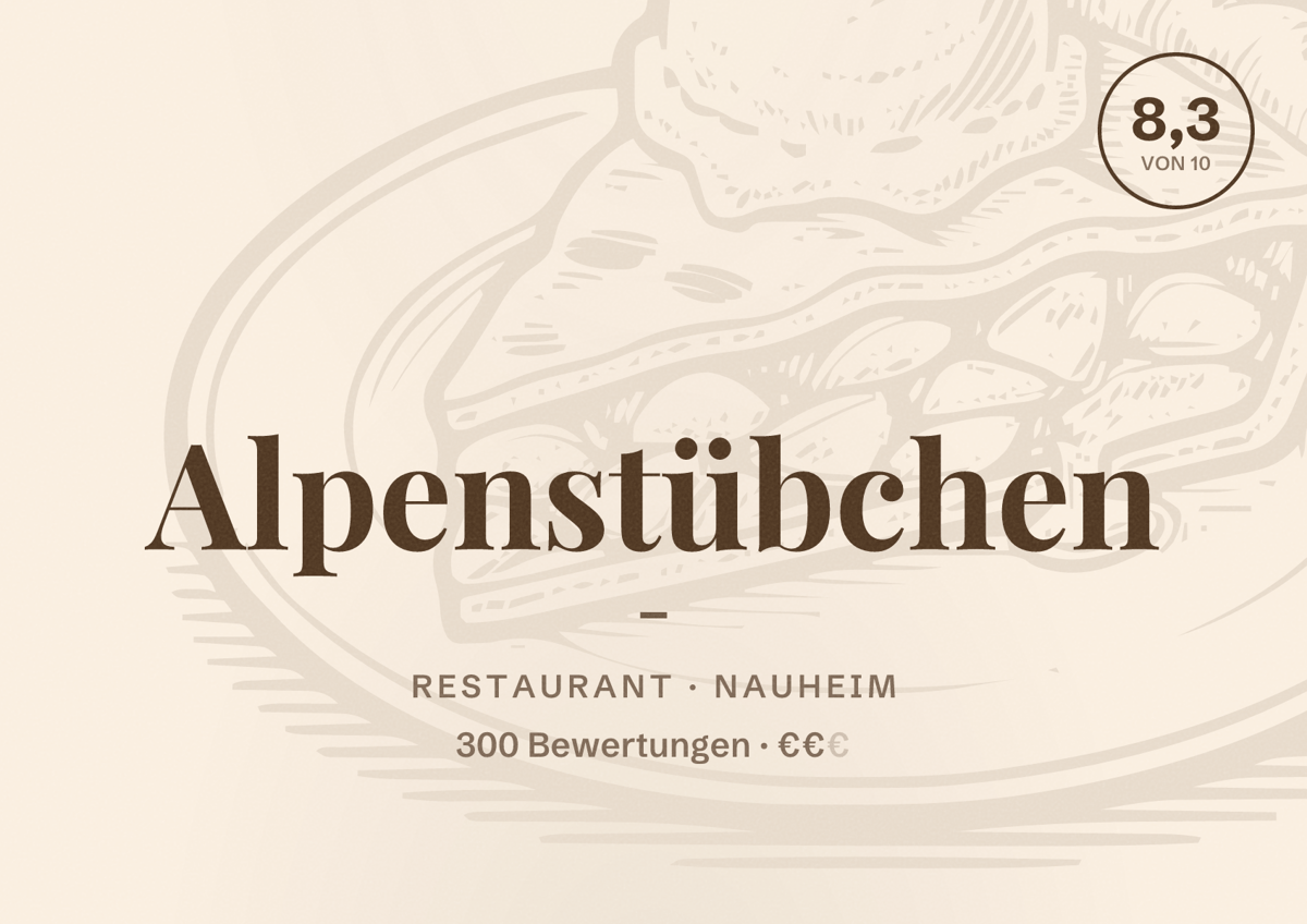 Illustriertes Poster von Alpenstübchen -, Restaurant in Nauheim: Bewertung 8,3 von 10 aus 300 Bewertungen, Preisniveau €€