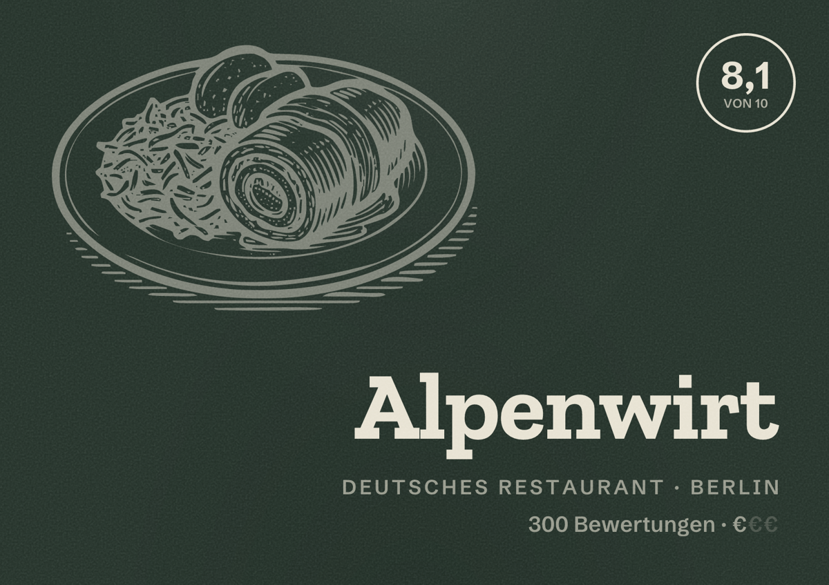 Illustriertes Poster von Alpenwirt, Deutsches Restaurant in Berlin: Bewertung 8,1 von 10 aus 300 Bewertungen, Preisniveau €