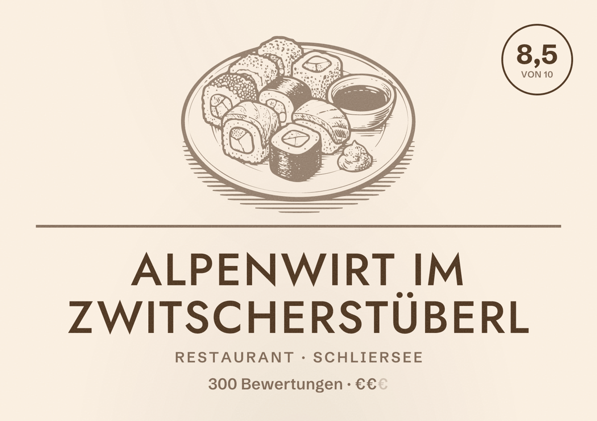 Illustriertes Poster von Alpenwirt im zwitscherstüberl, Restaurant in Schliersee: Bewertung 8,5 von 10 aus 300 Bewertungen, Preisniveau €€