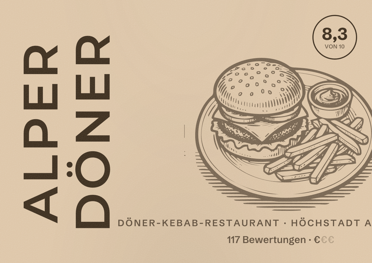 Illustriertes Poster von Alper Döner, Döner-Kebab-Restaurant in Höchstadt an der Aisch: Bewertung 8,3 von 10 aus 117 Bewertungen, Preisniveau €
