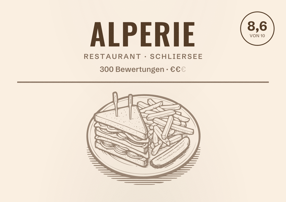 Illustriertes Poster von Alperie, Restaurant in Schliersee: Bewertung 8,6 von 10 aus 300 Bewertungen, Preisniveau €€