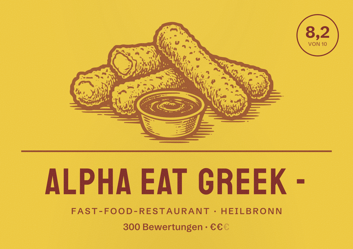 Illustriertes Poster von Alpha Eat Greek -, Fast-Food-Restaurant in Heilbronn: Bewertung 8,2 von 10 aus 300 Bewertungen, Preisniveau €€