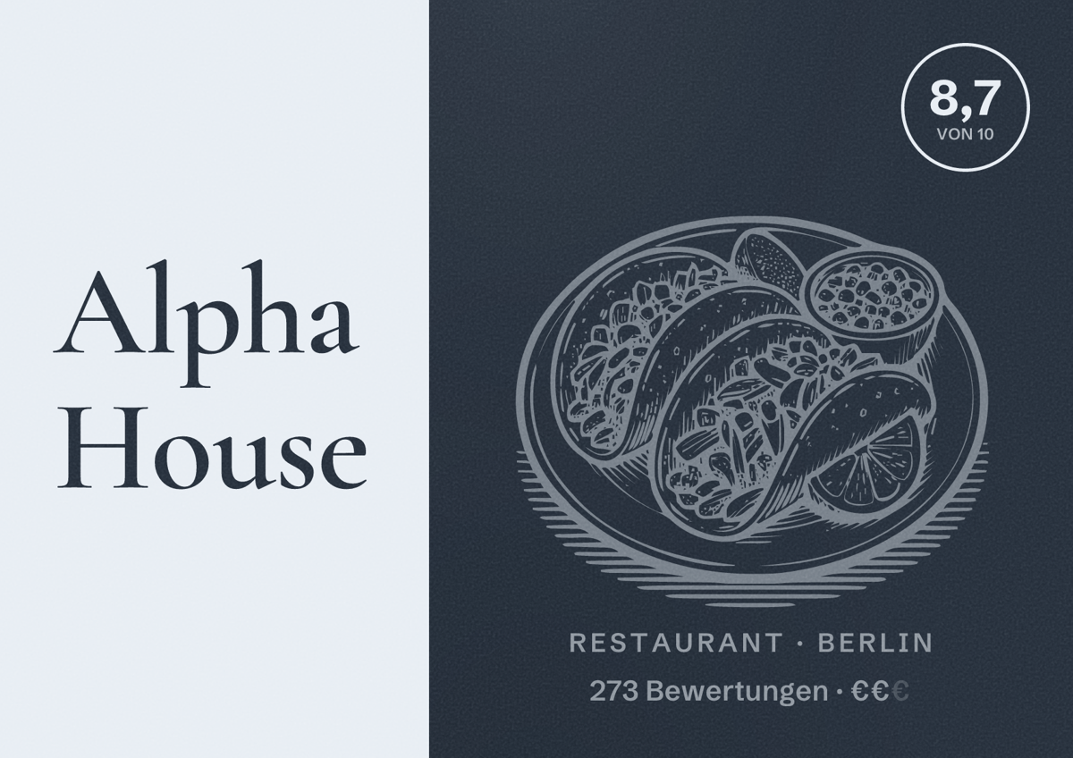 Illustriertes Poster von Alpha House, Restaurant in Berlin: Bewertung 8,7 von 10 aus 273 Bewertungen, Preisniveau €€