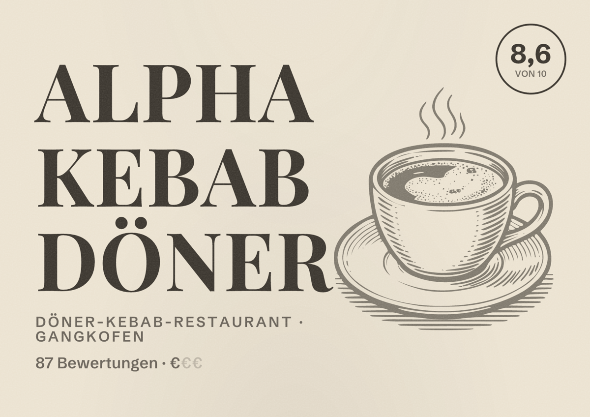 Illustriertes Poster von Alpha Kebab Döner, Döner-Kebab-Restaurant in Gangkofen: Bewertung 8,6 von 10 aus 87 Bewertungen, Preisniveau €