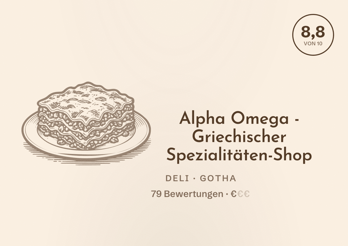 Illustriertes Poster von Alpha Omega - Griechischer Spezialitäten-Shop, Deli in Gotha: Bewertung 8,8 von 10 aus 79 Bewertungen, Preisniveau €
