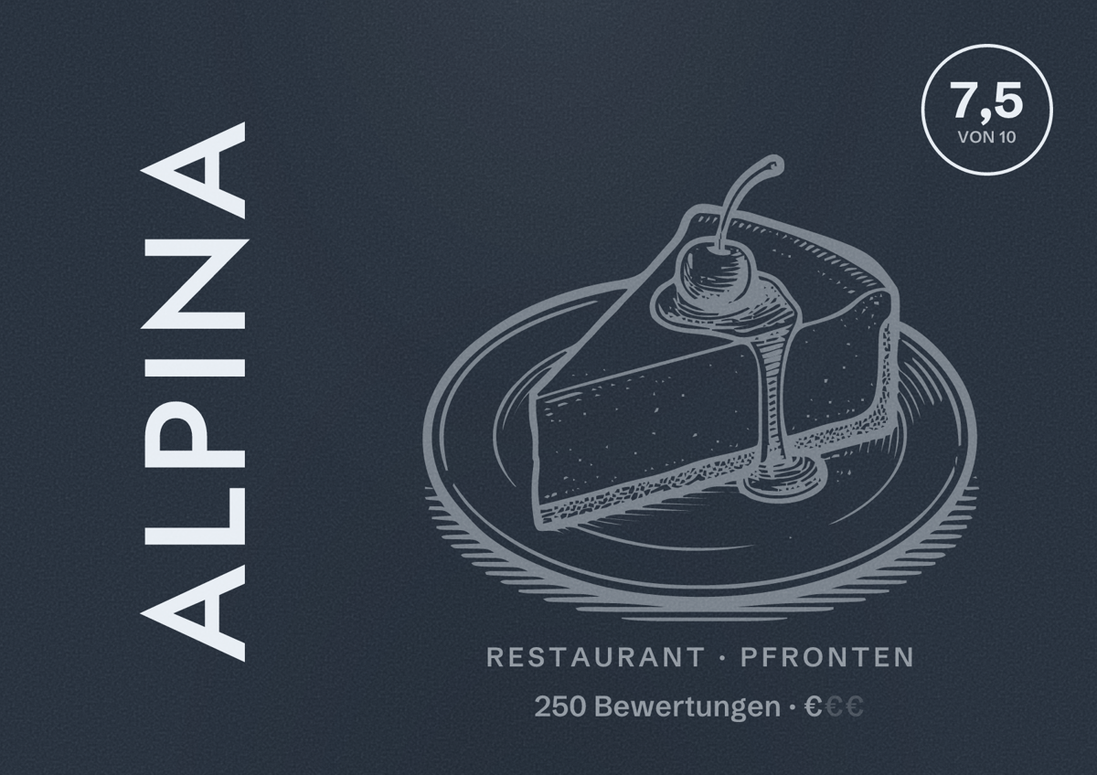 Illustriertes Poster von Alpina, Restaurant in Pfronten: Bewertung 7,5 von 10 aus 250 Bewertungen, Preisniveau €