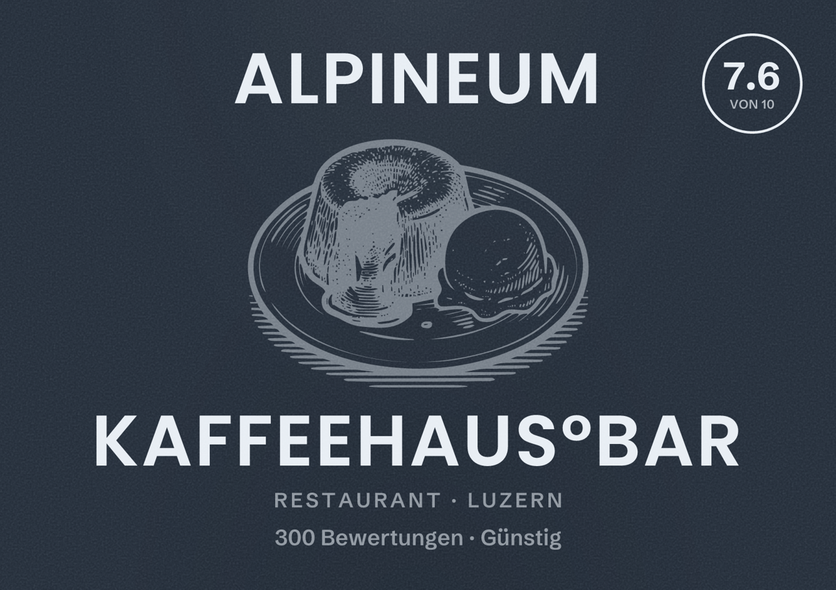 Illustriertes Poster von Alpineum Kaffeehaus°Bar, Restaurant in Luzern: Bewertung 7.6 von 10 aus 300 Bewertungen, Preisniveau Günstig