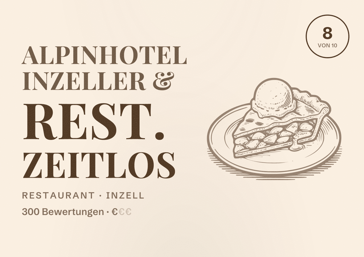 Illustriertes Poster von Alpinhotel INzeller & Rest. Zeitlos, Restaurant in Inzell: Bewertung 8 von 10 aus 300 Bewertungen, Preisniveau €