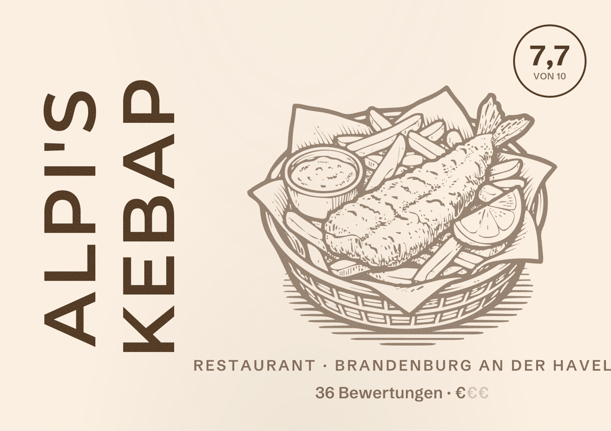 Illustriertes Poster von Alpi's Kebap, Restaurant in Brandenburg an der Havel: Bewertung 7,7 von 10 aus 36 Bewertungen, Preisniveau €
