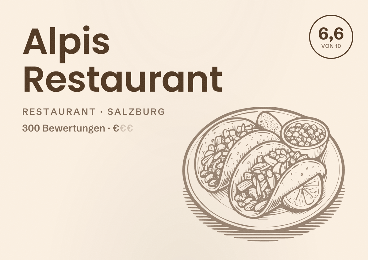 Illustriertes Poster von Alpis Restaurant, Restaurant in Salzburg: Bewertung 6,6 von 10 aus 300 Bewertungen, Preisniveau €