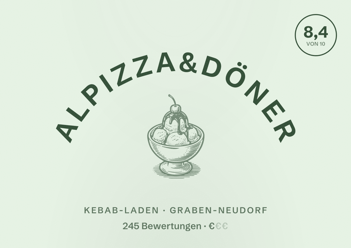Illustriertes Poster von Alpizza&Döner, Kebab-Laden in Graben-Neudorf: Bewertung 8,4 von 10 aus 245 Bewertungen, Preisniveau €