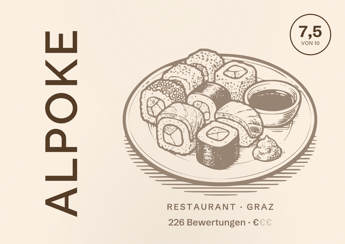 Illustriertes Poster von Alpoke, Restaurant in Graz: Bewertung 7,5 von 10 aus 226 Bewertungen, Preisniveau €