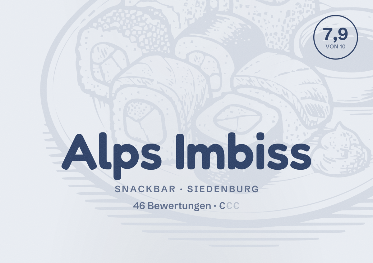Illustriertes Poster von Alps Imbiss, Snackbar in Siedenburg: Bewertung 7,9 von 10 aus 46 Bewertungen, Preisniveau €