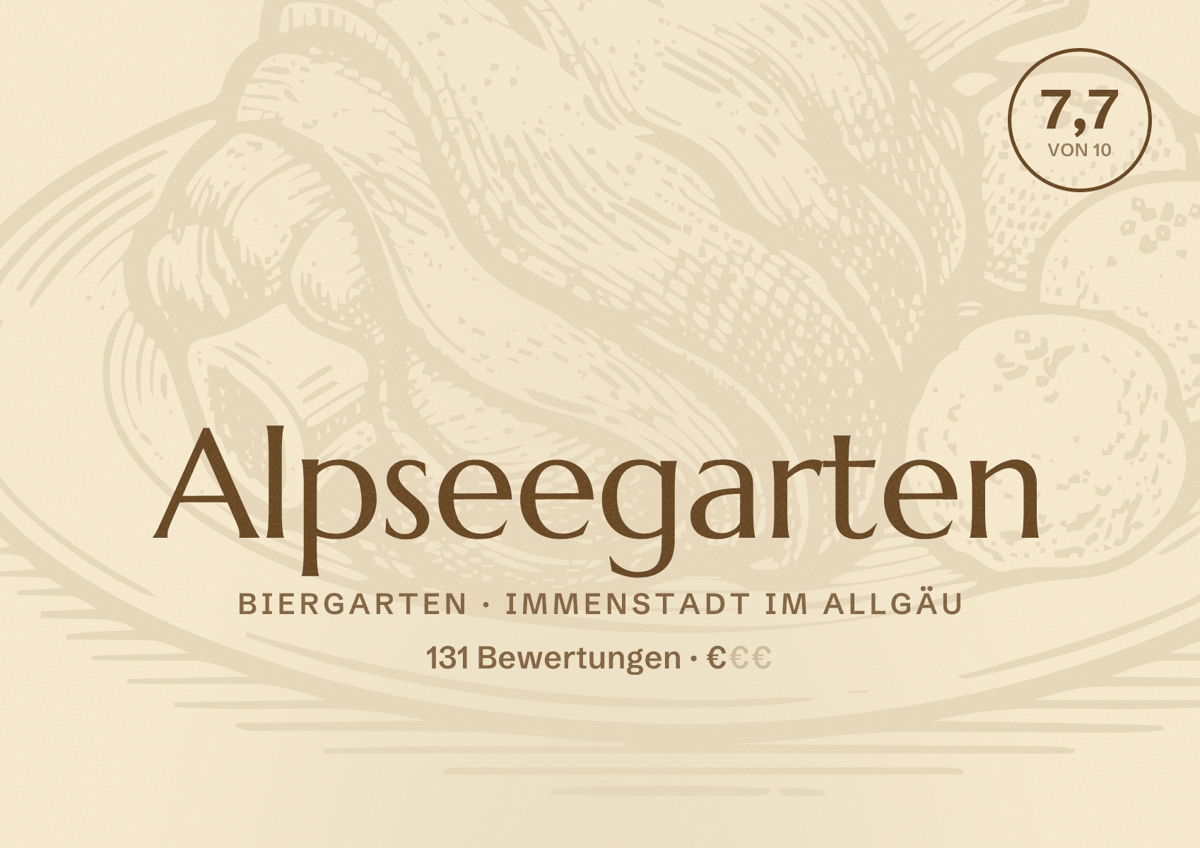 Illustriertes Poster von Alpseegarten, Biergarten in Immenstadt im Allgäu: Bewertung 7,7 von 10 aus 131 Bewertungen, Preisniveau €