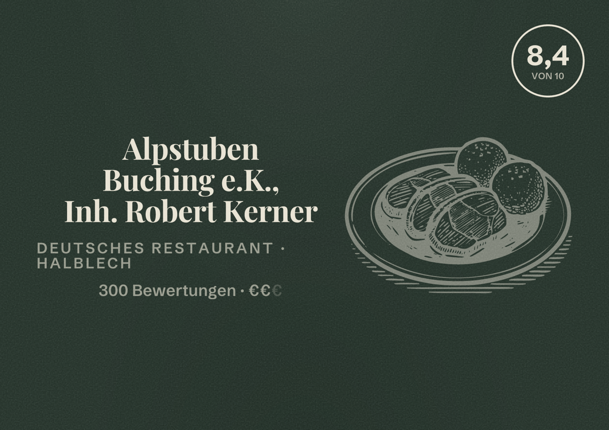 Illustriertes Poster von Alpstuben Buching e.K., Inh. Robert Kerner, Deutsches Restaurant in Halblech: Bewertung 8,4 von 10 aus 300 Bewertungen, Preisniveau €€