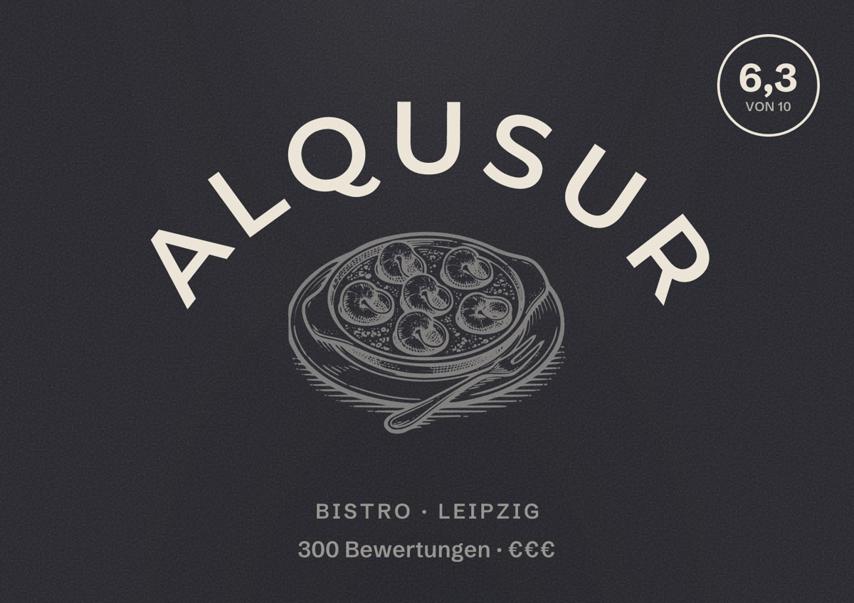 Illustriertes Poster von ALQUSUR, Bistro in Leipzig: Bewertung 6,3 von 10 aus 300 Bewertungen, Preisniveau €€€
