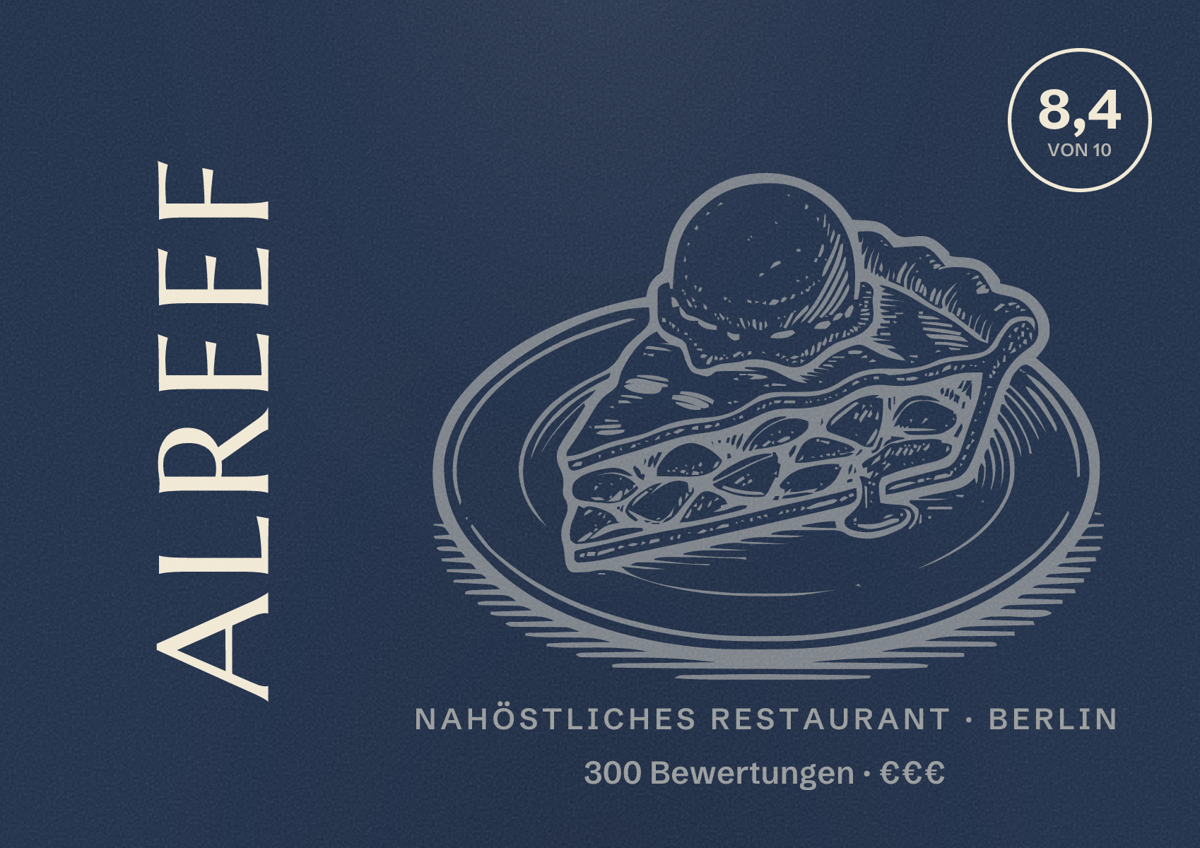 Illustriertes Poster von Alreef, Nahöstliches Restaurant in Berlin: Bewertung 8,4 von 10 aus 300 Bewertungen, Preisniveau €€€