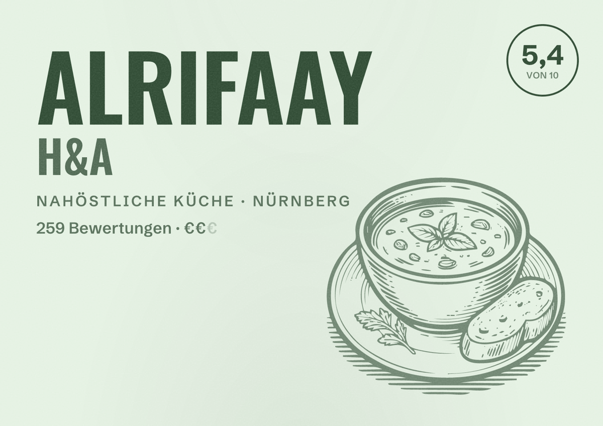Illustriertes Poster von ALRIFAAY H&A, Nahöstliche Küche in Nürnberg: Bewertung 5,4 von 10 aus 259 Bewertungen, Preisniveau €€