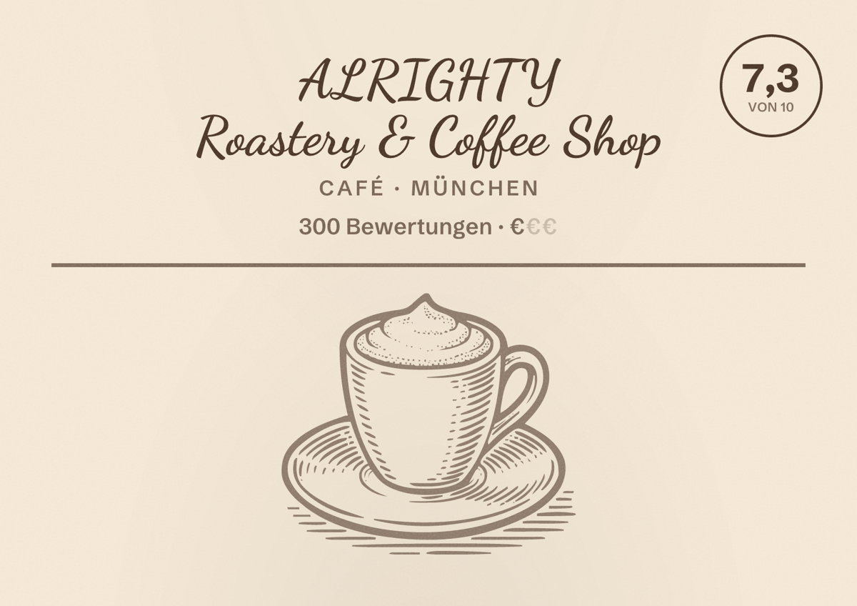 Illustriertes Poster von ALRIGHTY Roastery & Coffee Shop, Café in München: Bewertung 7,3 von 10 aus 300 Bewertungen, Preisniveau €