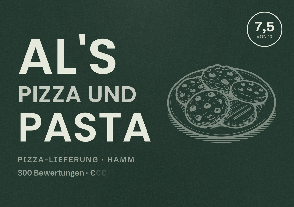 Illustriertes Poster von AL's Pizza und Pasta, Pizza-Lieferung in Hamm: Bewertung 7,5 von 10 aus 300 Bewertungen, Preisniveau €
