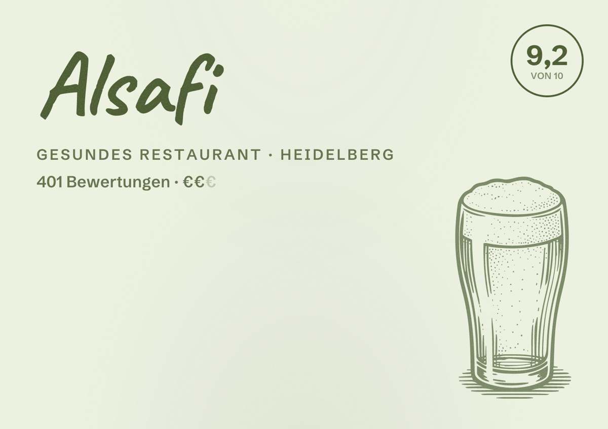 Illustriertes Poster von Alsafi, Gesundes Restaurant in Heidelberg: Bewertung 9,2 von 10 aus 401 Bewertungen, Preisniveau €€