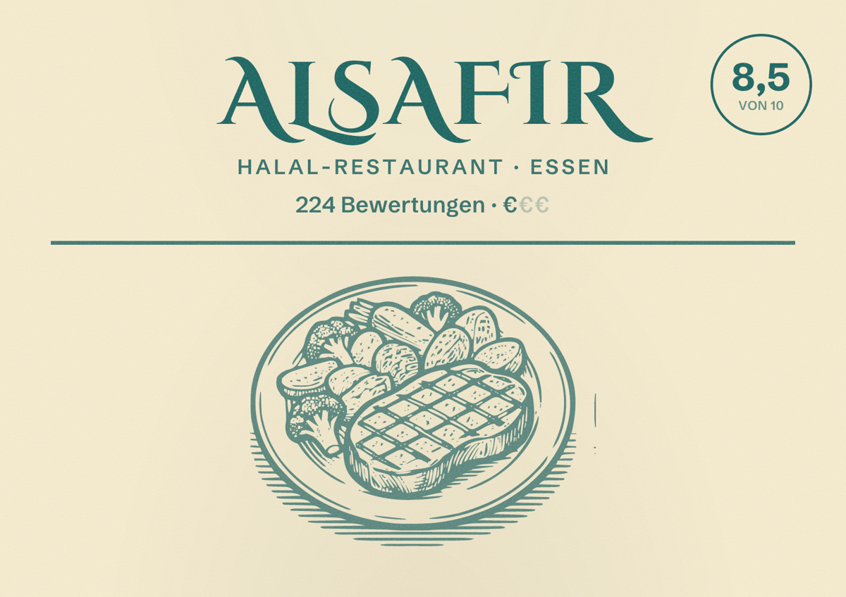 Illustriertes Poster von Alsafir, Halal-Restaurant in Essen: Bewertung 8,5 von 10 aus 224 Bewertungen, Preisniveau €