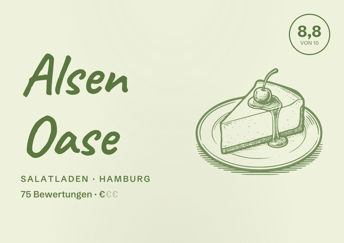 Illustriertes Poster von Alsen Oase, Salatladen in Hamburg: Bewertung 8,8 von 10 aus 75 Bewertungen, Preisniveau €