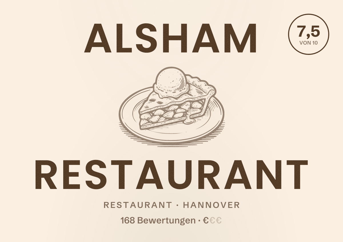 Illustriertes Poster von Alsham Restaurant, Restaurant in Hannover: Bewertung 7,5 von 10 aus 168 Bewertungen, Preisniveau €
