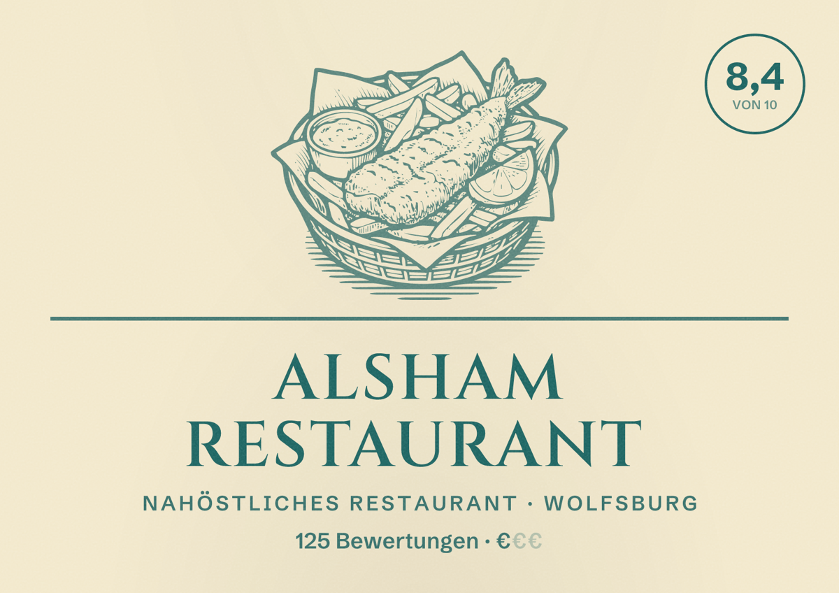 Illustriertes Poster von Alsham Restaurant, Nahöstliches Restaurant in Wolfsburg: Bewertung 8,4 von 10 aus 125 Bewertungen, Preisniveau €