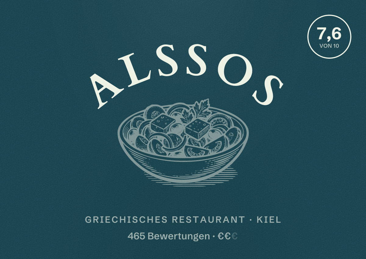 Illustriertes Poster von ALSSOS, Griechisches Restaurant in Kiel: Bewertung 7,6 von 10 aus 465 Bewertungen, Preisniveau €€