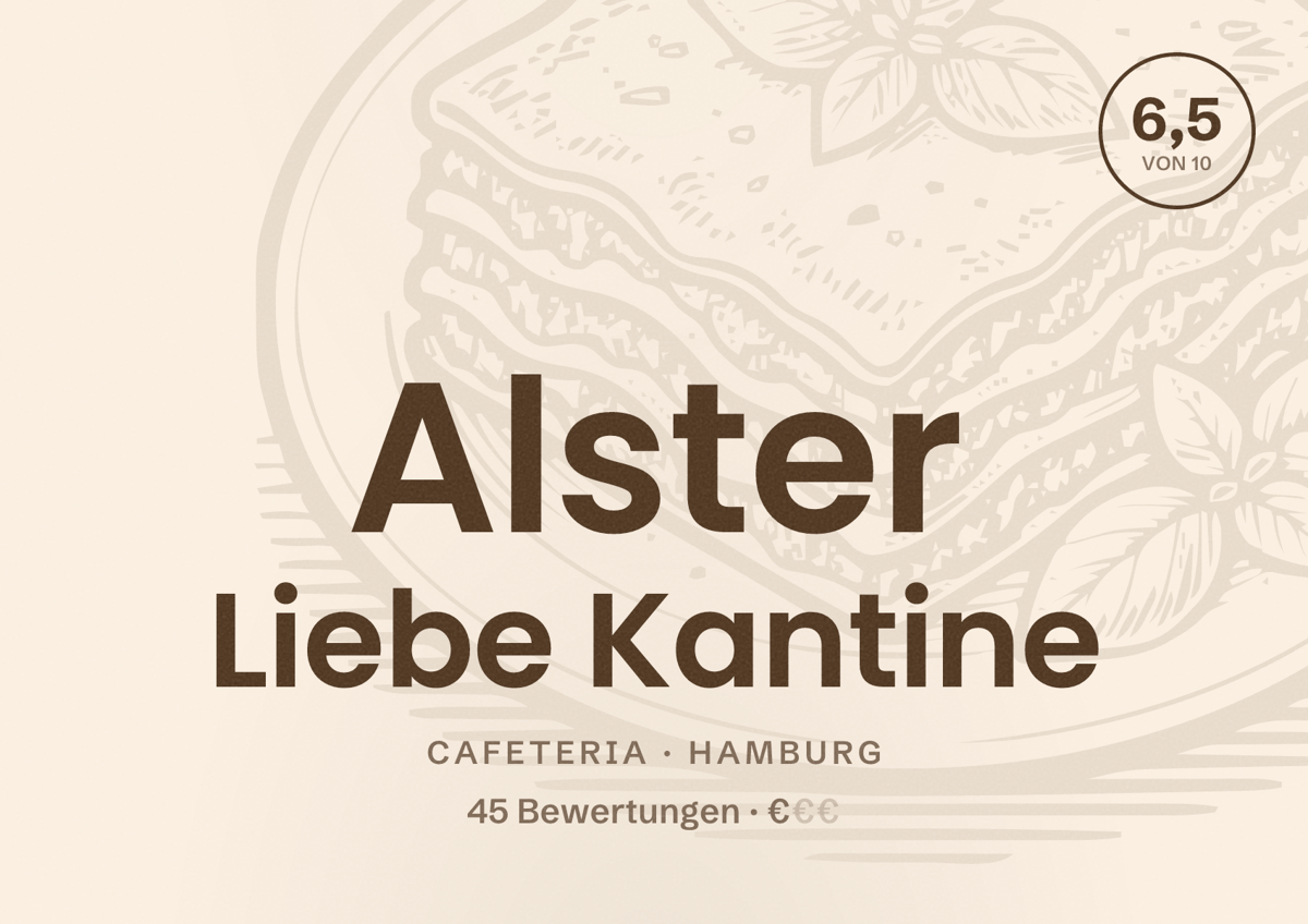 Illustriertes Poster von Alster Liebe Kantine, Cafeteria in Hamburg: Bewertung 6,5 von 10 aus 45 Bewertungen, Preisniveau €