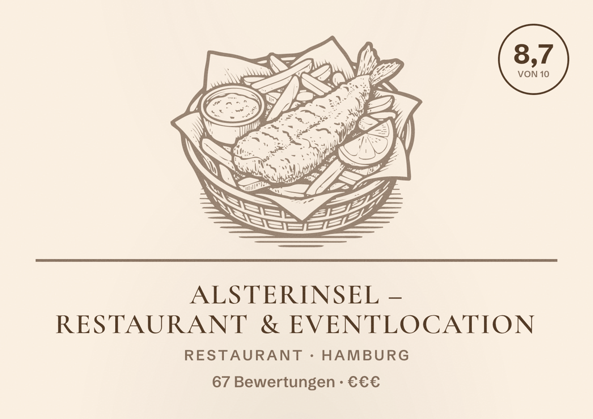 Illustriertes Poster von Alsterinsel – Restaurant & Eventlocation, Restaurant in Hamburg: Bewertung 8,7 von 10 aus 67 Bewertungen, Preisniveau €€€