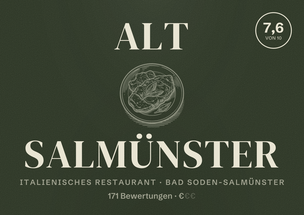 Illustriertes Poster von Alt Salmünster, Italienisches Restaurant in Bad Soden-Salmünster: Bewertung 7,6 von 10 aus 171 Bewertungen, Preisniveau €