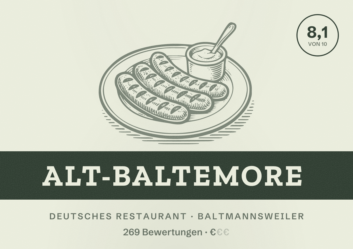 Illustriertes Poster von Alt-Baltemore, Deutsches Restaurant in Baltmannsweiler: Bewertung 8,1 von 10 aus 269 Bewertungen, Preisniveau €