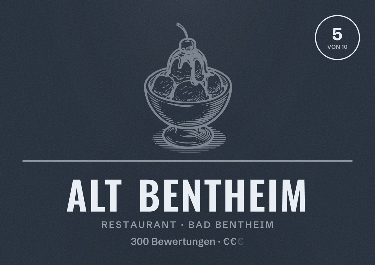 Illustriertes Poster von Alt Bentheim, Restaurant in Bad Bentheim: Bewertung 5 von 10 aus 300 Bewertungen, Preisniveau €€