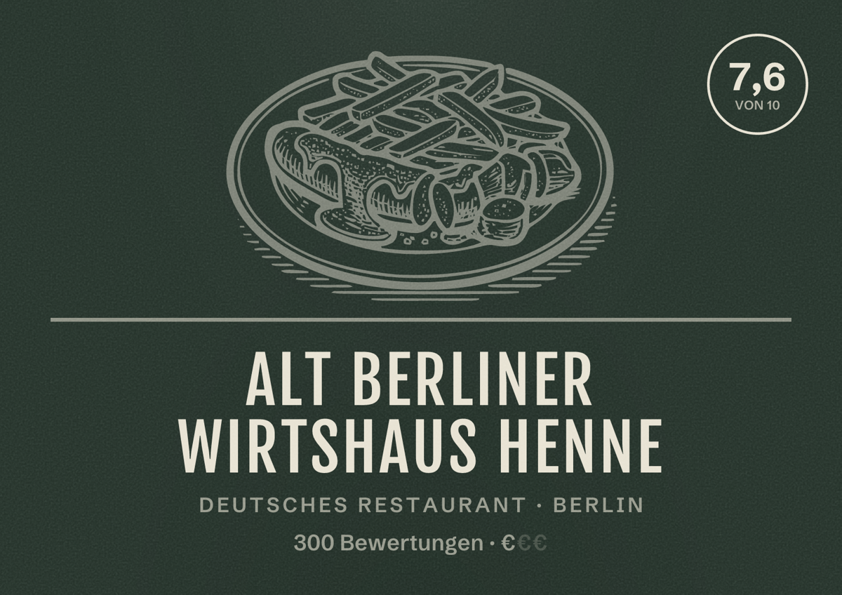 Illustriertes Poster von Alt Berliner Wirtshaus Henne, Deutsches Restaurant in Berlin: Bewertung 7,6 von 10 aus 300 Bewertungen, Preisniveau €