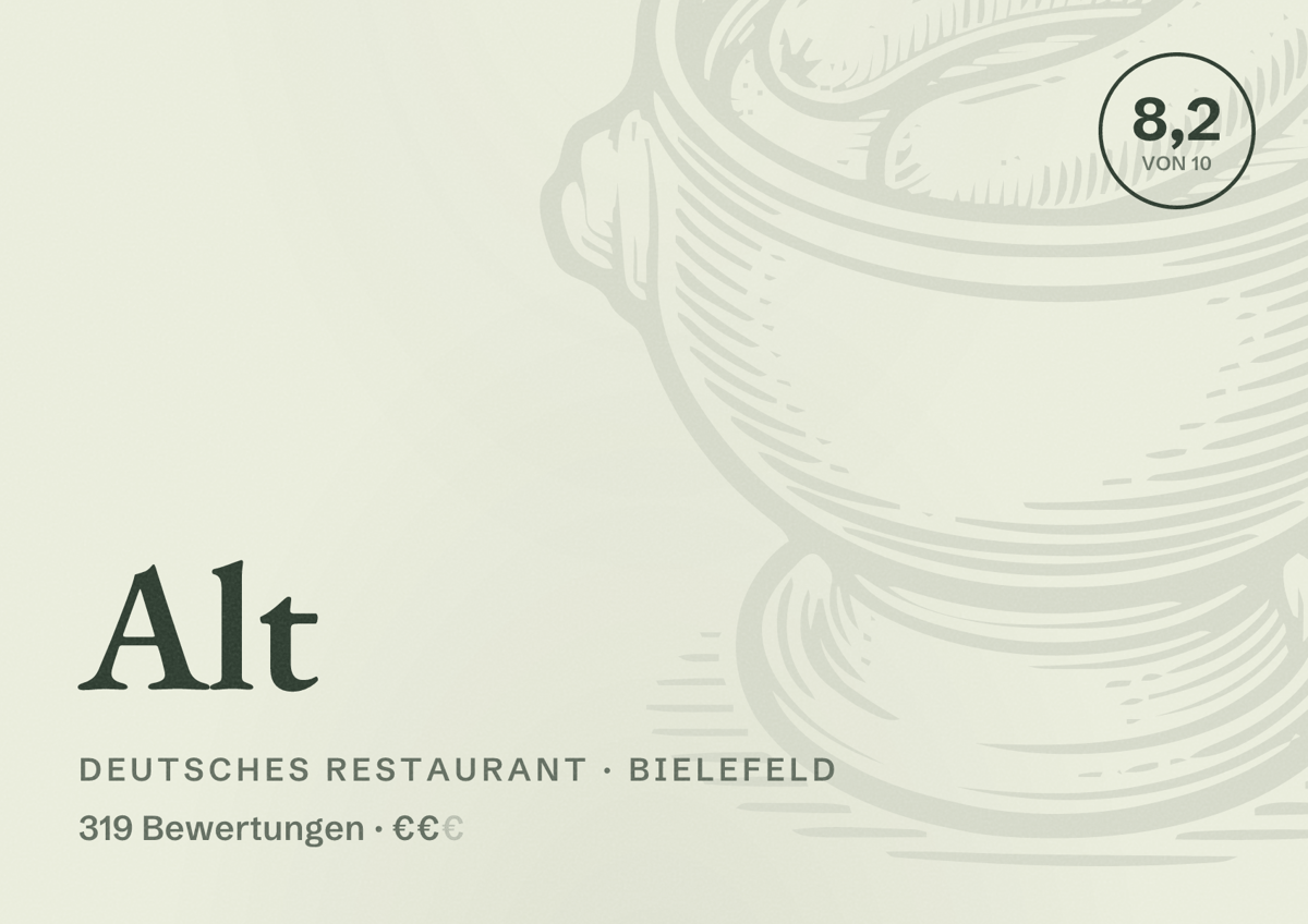 Illustriertes Poster von Alt, Deutsches Restaurant in Bielefeld: Bewertung 8,2 von 10 aus 319 Bewertungen, Preisniveau €€