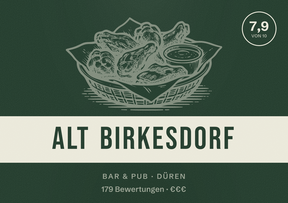 Illustriertes Poster von Alt Birkesdorf, Bar & Pub in Düren: Bewertung 7,9 von 10 aus 179 Bewertungen, Preisniveau €€€
