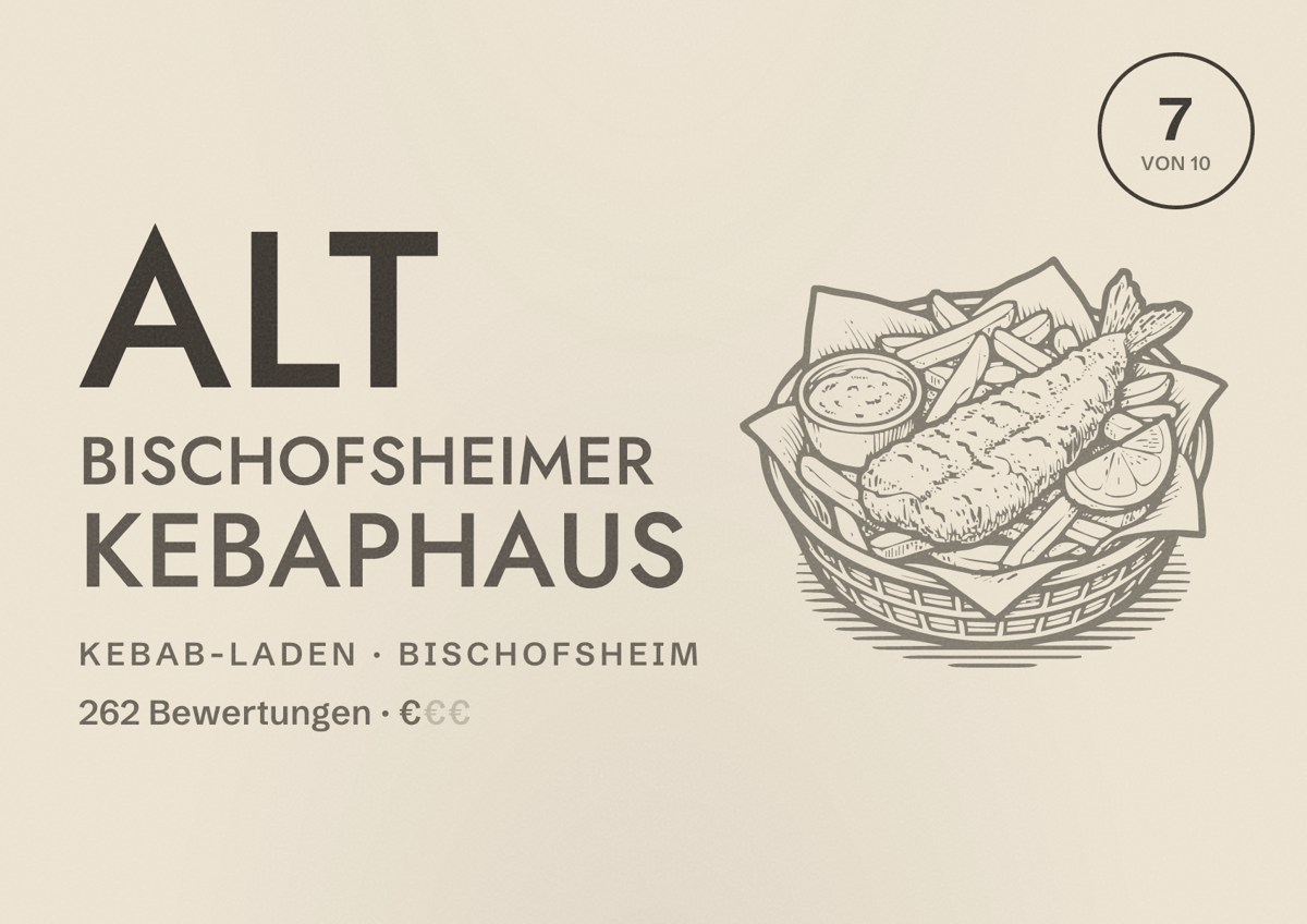 Illustriertes Poster von Alt Bischofsheimer Kebaphaus, Kebab-Laden in Bischofsheim: Bewertung 7 von 10 aus 262 Bewertungen, Preisniveau €