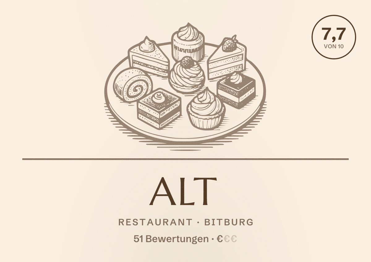 Illustriertes Poster von Alt, Restaurant in Bitburg: Bewertung 7,7 von 10 aus 51 Bewertungen, Preisniveau €