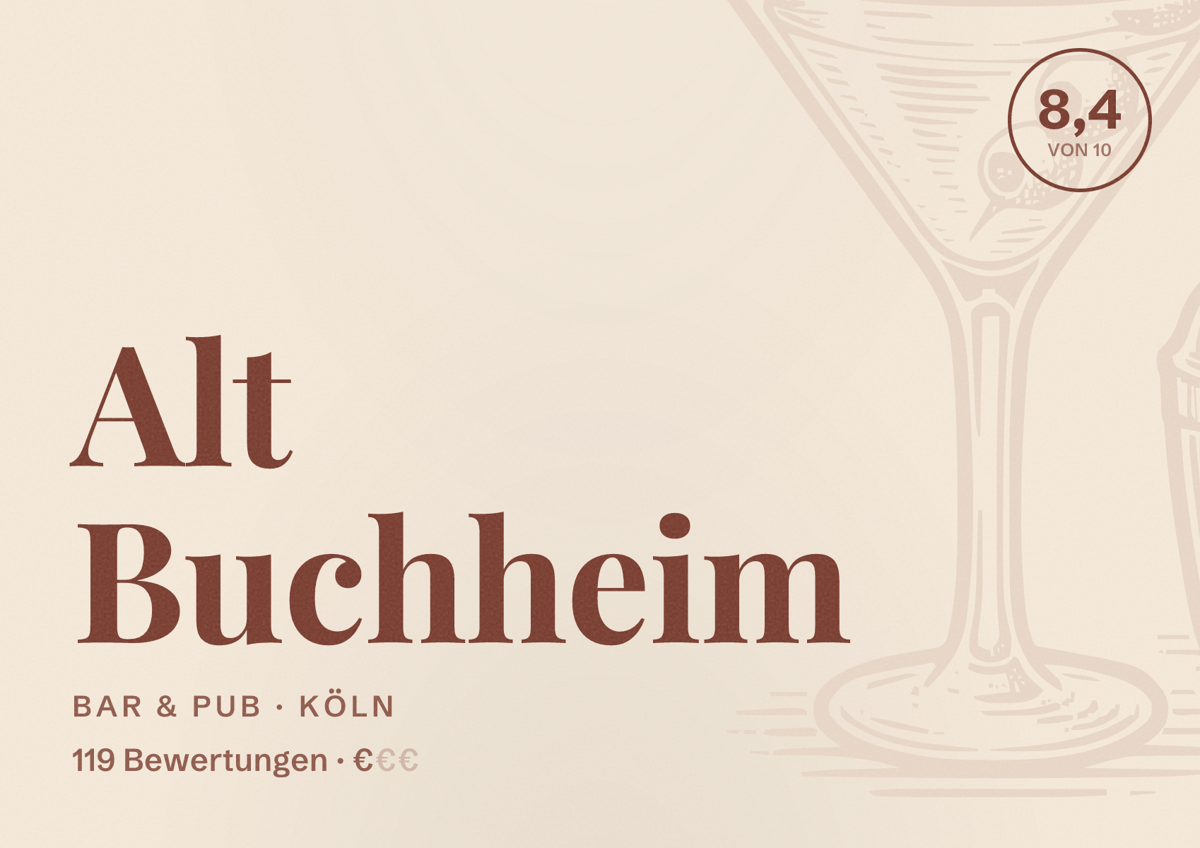 Illustriertes Poster von Alt Buchheim, Bar & Pub in Köln: Bewertung 8,4 von 10 aus 119 Bewertungen, Preisniveau €