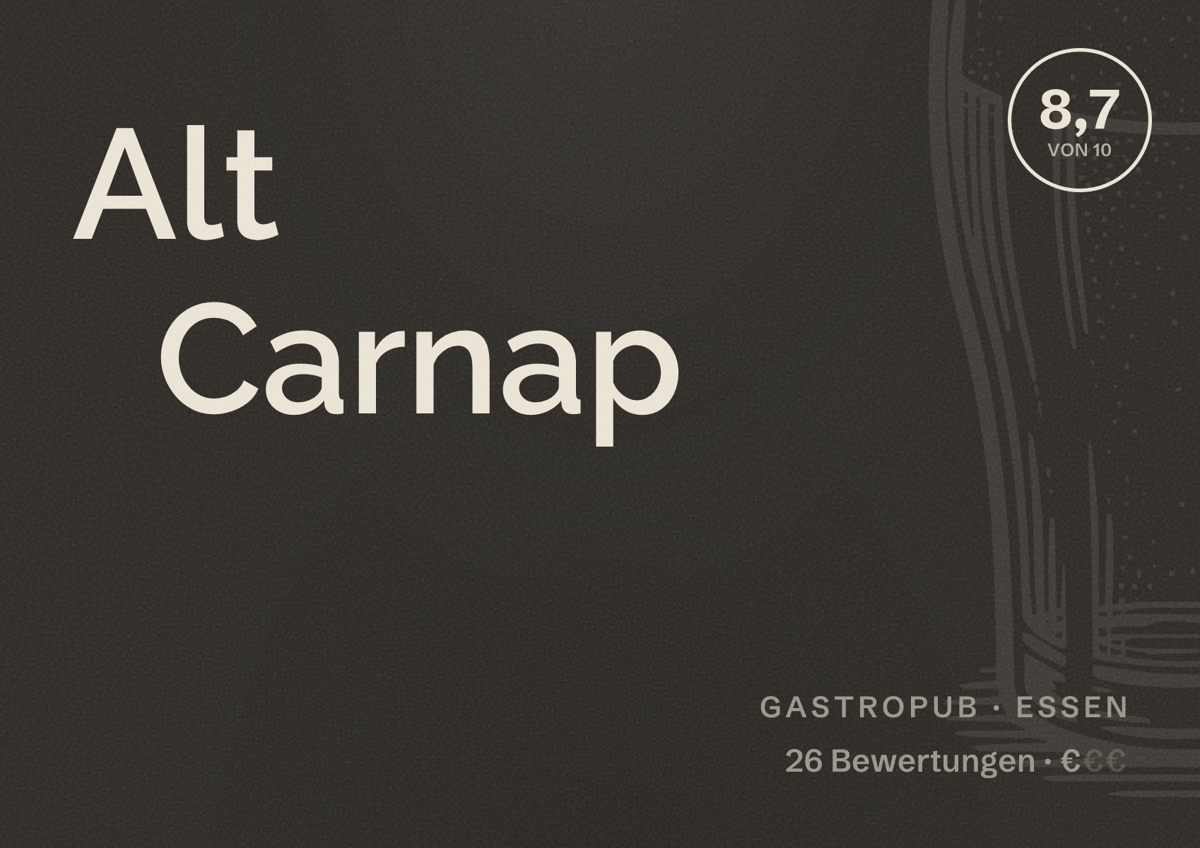 Illustriertes Poster von Alt Carnap, Gastropub in Essen: Bewertung 8,7 von 10 aus 26 Bewertungen, Preisniveau €