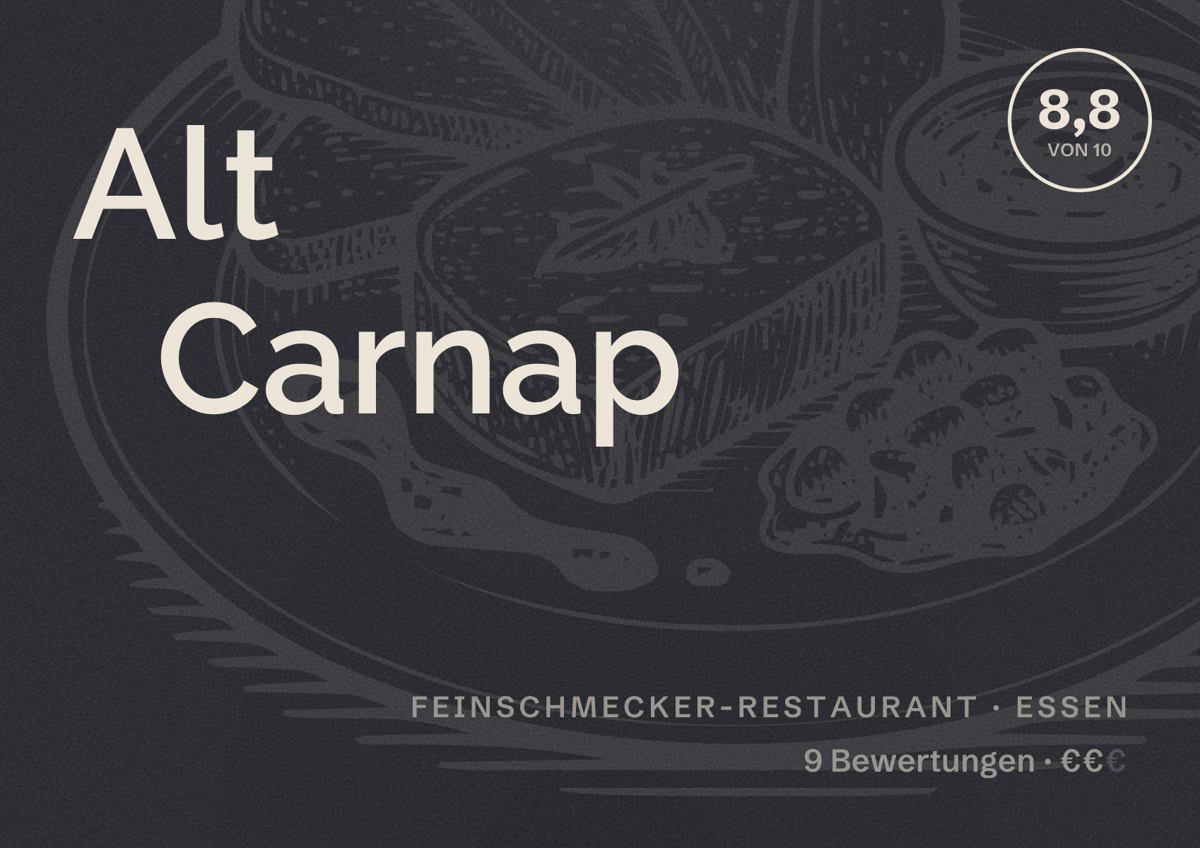 Illustriertes Poster von Alt Carnap, Feinschmecker-Restaurant in Essen: Bewertung 8,8 von 10 aus 9 Bewertungen, Preisniveau €€
