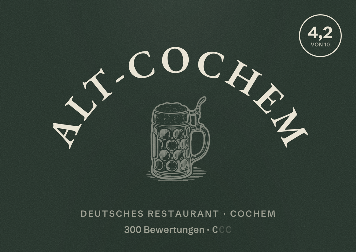 Illustriertes Poster von Alt-Cochem, Deutsches Restaurant in Cochem: Bewertung 4,2 von 10 aus 300 Bewertungen, Preisniveau €